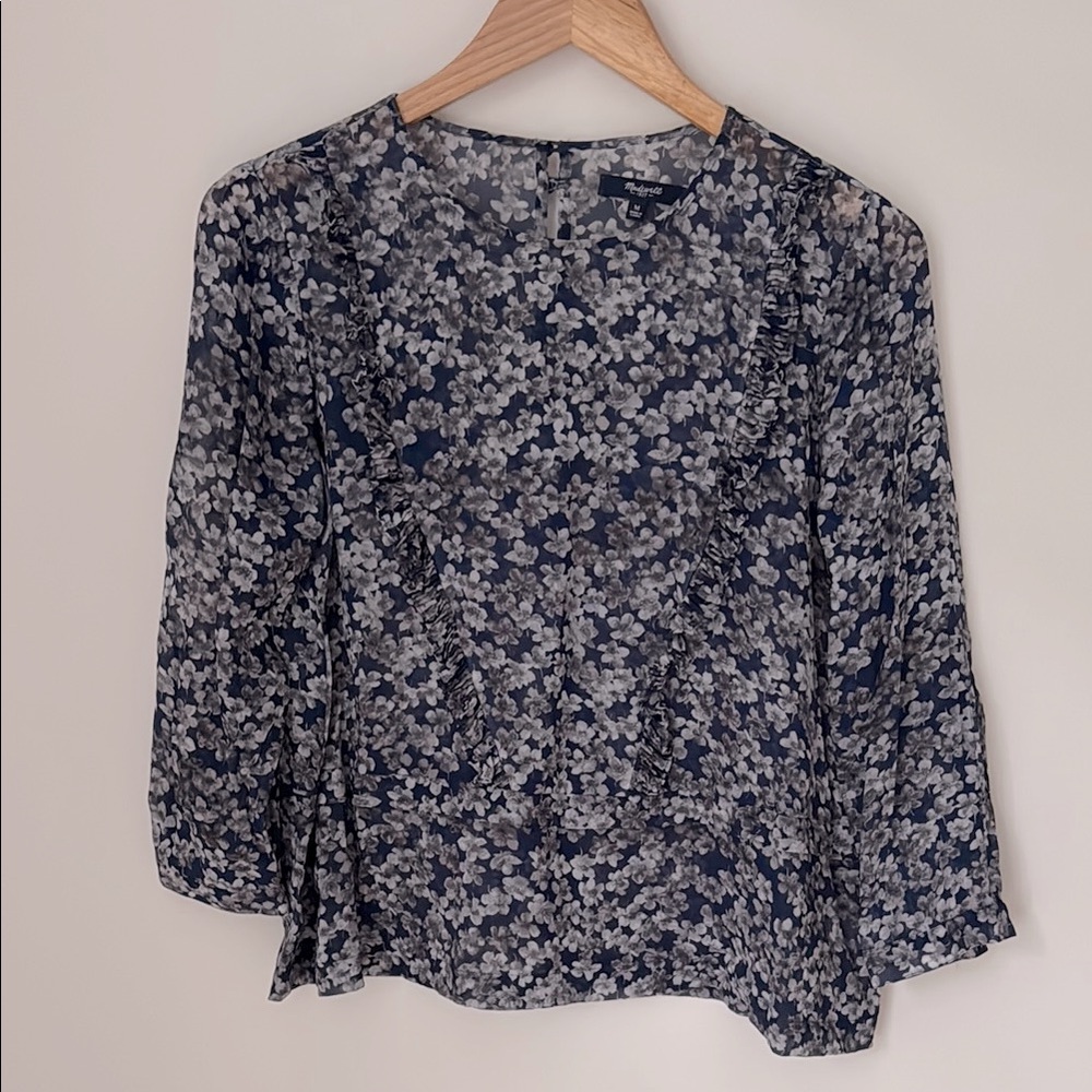 Madewell | 100% Silk Semi-sheer Floral Blouse in Blue | Size M
